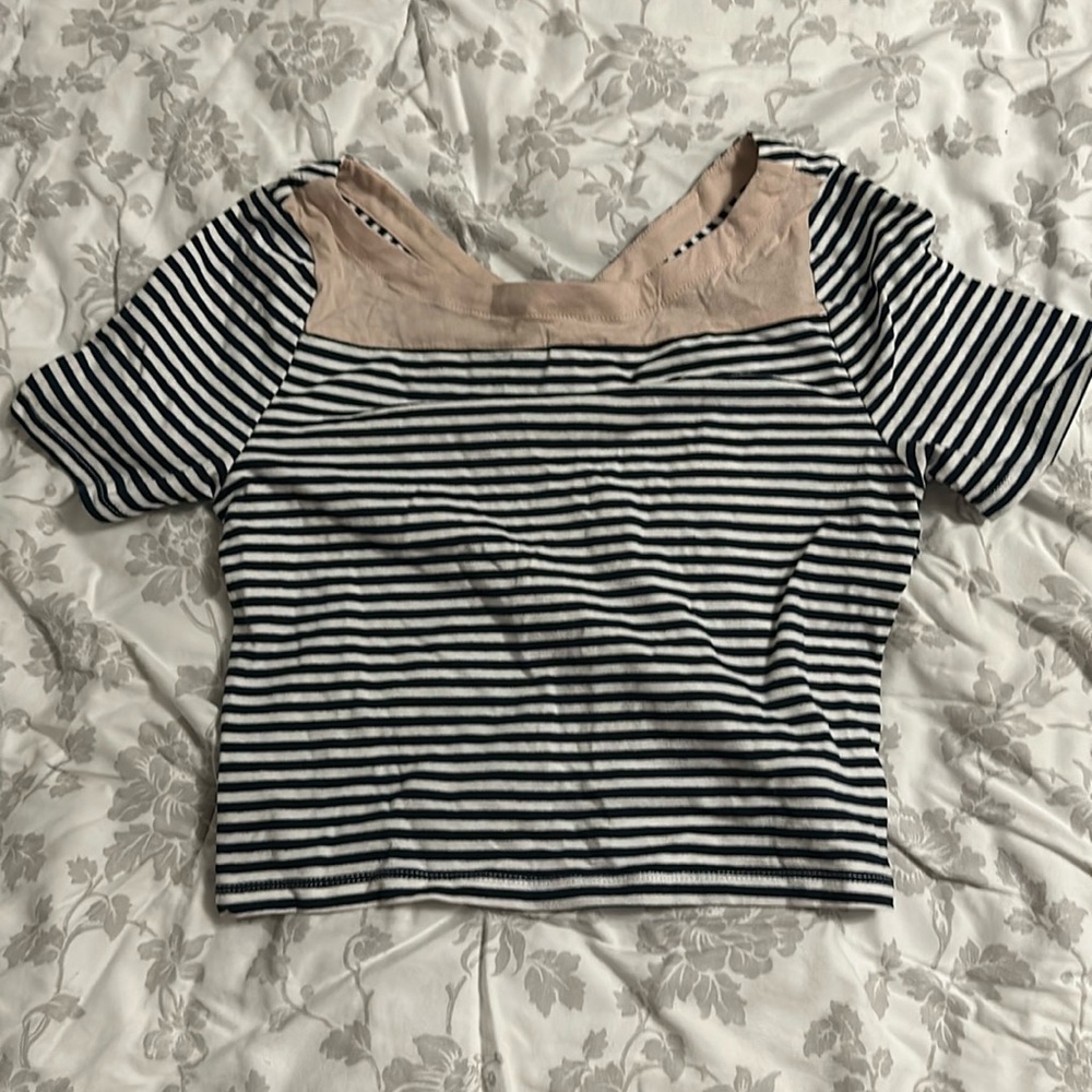 LUCCA Couture Striped Crop Top with Criss Cross Back Size L White / Dark Navy
